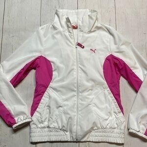 Puma women’s zip up lightweight windbreaker. White/pink. Size M